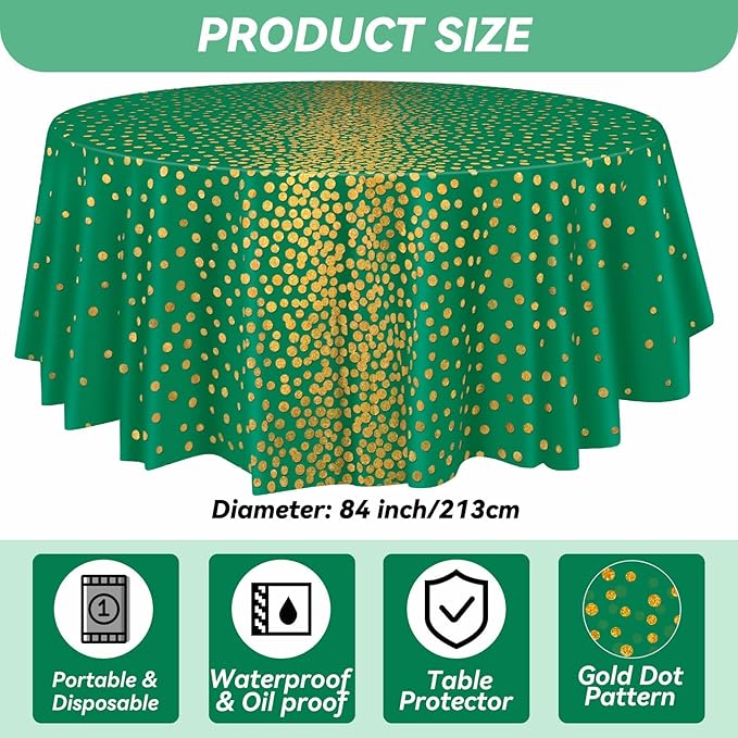 VitalCozy Round Dot Tablecloth 84 Inch Plastic Table Cover Polka Dot Confetti Tablecloths for Easter 2026 Graduation Prom Wedding Birthday Spring Party Supplies(Green and Gold,3 Pcs)