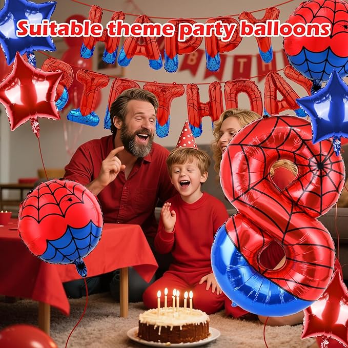 Spider Themed Happy Birthday Banner Party Decorations Set Including 40 Inch Number 8 Foil Balloons, Themed Party Essentials, Colorful Superhero Backdrop Supplies for Boys Indoor Outdoor Celebration