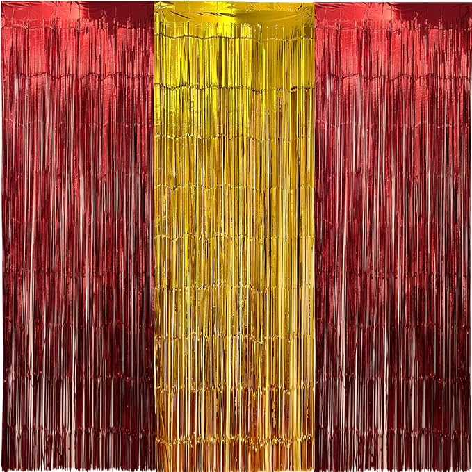 3 Packs Red Gold Foil Fringe Curtains Extra Wide 9.9ft for Birthday Party Tinsel Backdrop Movie Night Decor Farewell Party Streamer,Retirement Decorations, Backdrop for Graduations Each 3.3 x 6.5 ft