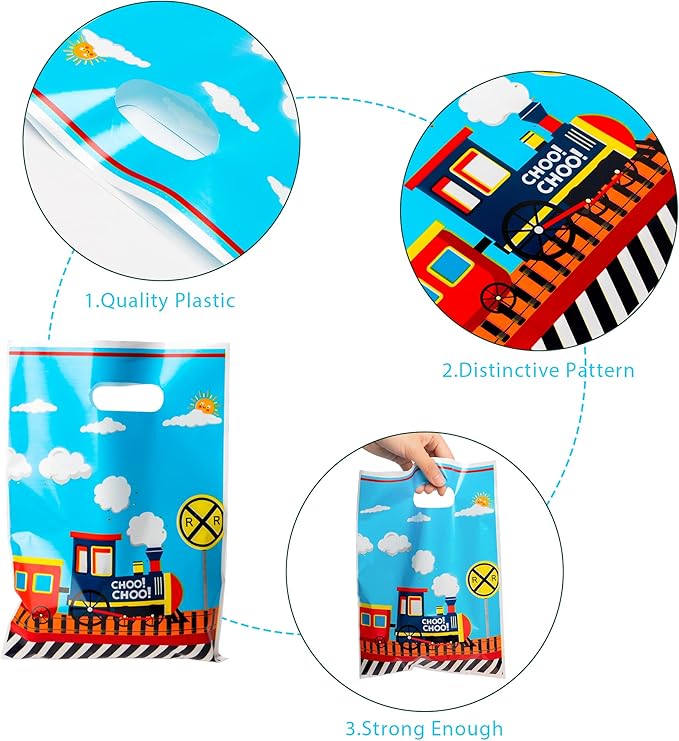 3sscha 50Pcs Train Party Favor Bags Transportation Themed Waterproof Goodie Bag with Die Cut Handles Railway Traffic Glossy Plastic Candy Gift Pack for Kids Birthday Baby Shower Decoration Supplies
