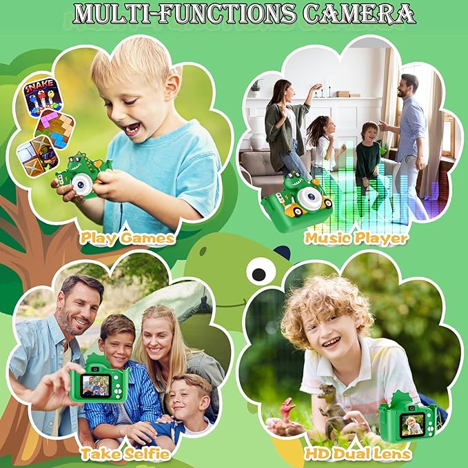 Kids Digital Camera, 1080P HD Video Camera for Toddlers with 32GB SD Card, Dinosaur Protective Case, Card Reader, Fun Selfie Toy Camera for Ages 3-12, Christmas/Birthday Gift for Boys & Girls (Green1)