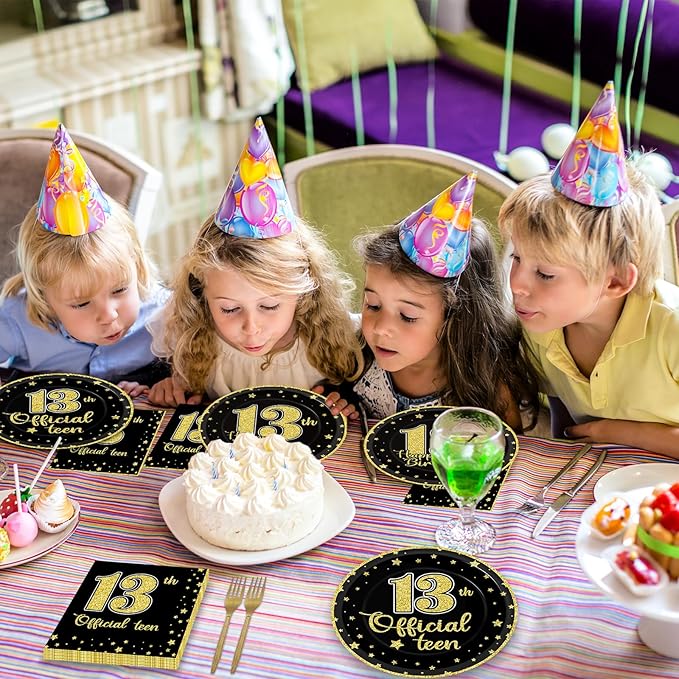 96 Pieces 13th Birthday Tableware Set Official Teenager 13th Disposable Plates Black Gold Birthday Party Plates Napkins Forks for Teenager Boys Girls 13 Year Old Party Favor 24 guests