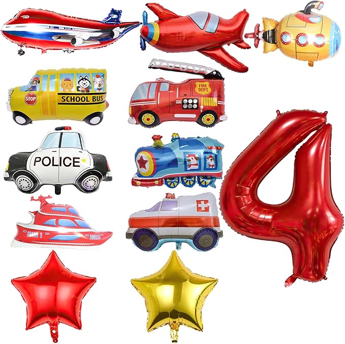 12pcs Transportation Balloons, Truck Plane School Bus Fire Truck Police Car Ship Ambulance Submarine Foil Balloon, Transportation 4th Birthday Vehicles Theme Party Supplies Decorations (4th)
