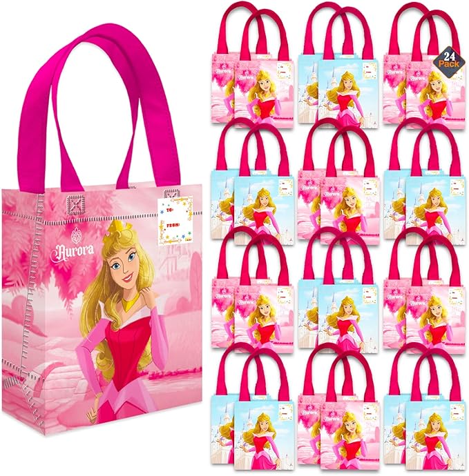 Sleeping Beauty Party Favor Bags Set – 24 Pack 8" Disney Princess Aurora Goodie Bags for Kids Bulk Reusable Mini Totes | Disney Sleeping Beauty Birthday Party Supplies