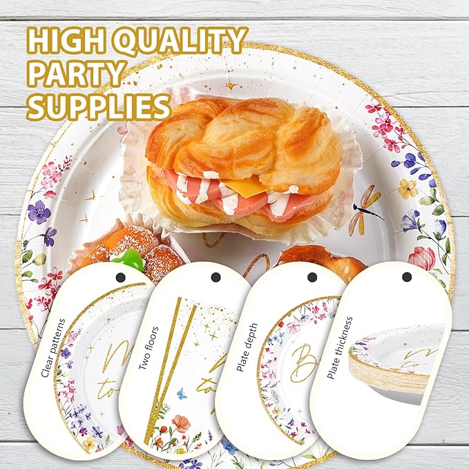 96Pcs Wildflower Bridal Shower Party Supplies Watercolor Floral Miss to Mrs Plates and Napkins Gold Foil Tableware Sets Bride to Be Decorations for Women Wedding Engagement Party Favor Serve 24