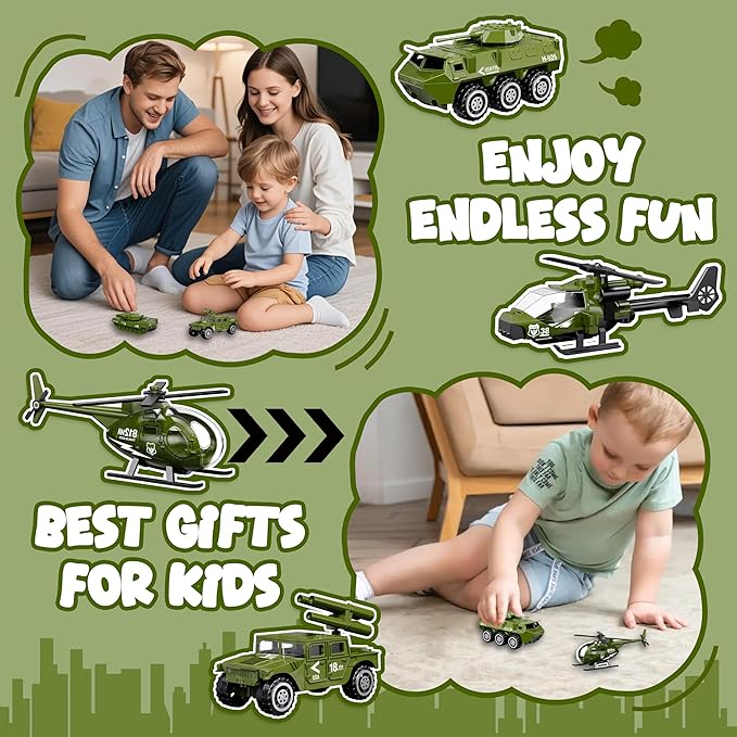 Die-cast Military Army Vehicles, 6 Pack Alloy Metal Toy Models Set - Tank, Helicopter, Panzer, Anti-Aircraft Vehicle, Gifts for Kids Boys Age 6 7 8 9 (1:87 Scale)