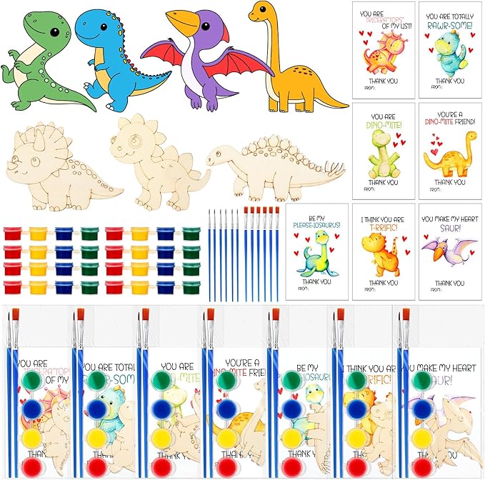 Leinuosen 28 Sets Dinosaur Party Favors Wood Painting Craft Kits with Art Supplies and Inspirational Cards Thank You for Coming Gifts for Summer Birthday Party Goodie Bag DIY Prizes