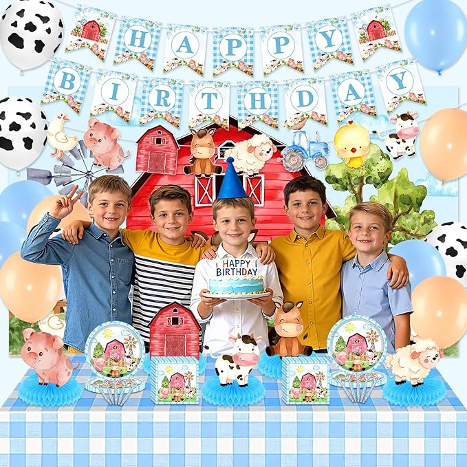 Blue Farm Animals Birthday Party Supplies for Boys Tableware Set Decorations Includes Backdrop Balloons Plates Napkins Forks Banner Honeycomb Centerpieces Tractor Baby Shower Decor