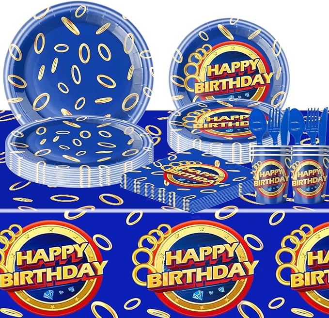 81Pcs Cartoon Blue Hedgehog Birthday Party Supplies,Blue Hedgehog Set Tableware Plates Napkins Cups Knives Spoons Forks