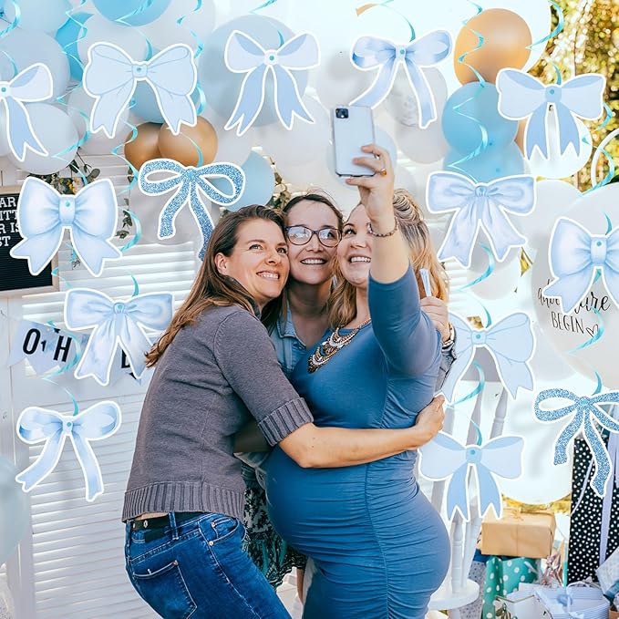 28 Pcs Bow Birthday Decorations Coquette Bow Birthday Hanging Swirls Decorations for Bridal Shower Party Supplies Wedding Christmas Party (Blue)
