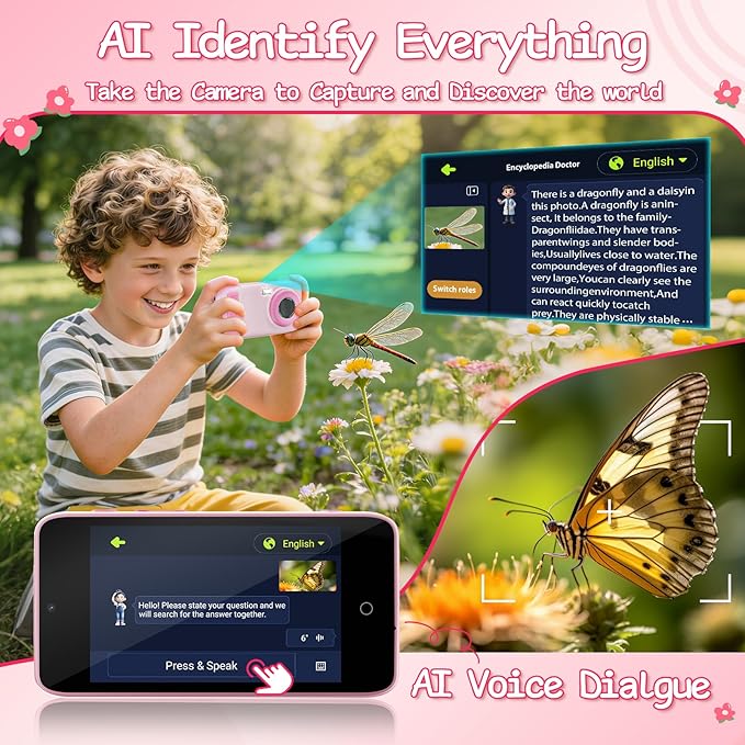 AI Digital Camera, AI Kids Camera Everything Recognition for 4 to 12 Years Old Girls Boys, Dual Lens, 5G/2.4G Dual-Band Wi-Fi, 4" LCD Touch Screen, Gift Ideas for Birthday Christmas Festival