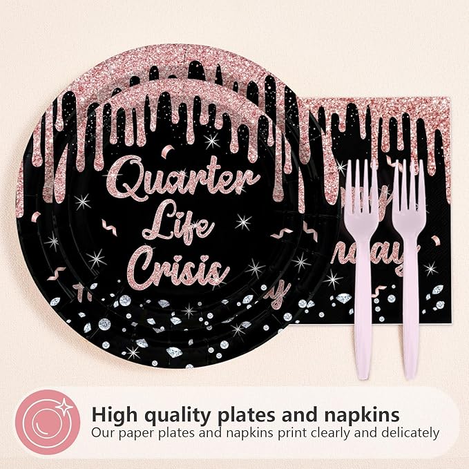 96 Pcs 25th Birthday Party Decorations Rose Gold and Black Happy 25th Birthday Paper Plates and Napkins Quarter Life Crisis Birthday Decorations for Women 25 Years Old Party Supplies Serves 24