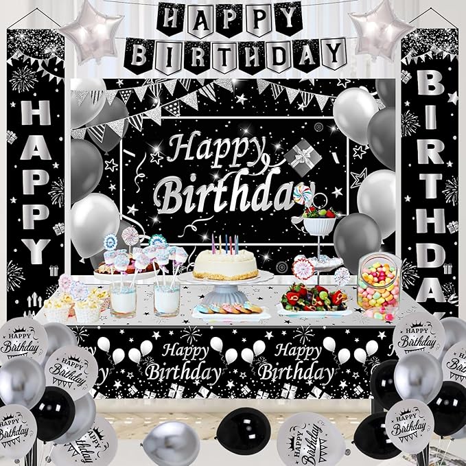 Black Birthday Decorations for Men Women, Black and Silver Party Decorations Boys Girls with Black Happy Birthday Banner Tablecloth Backdrop Porch Sign Door Decorations, Black Bady Party Supplies