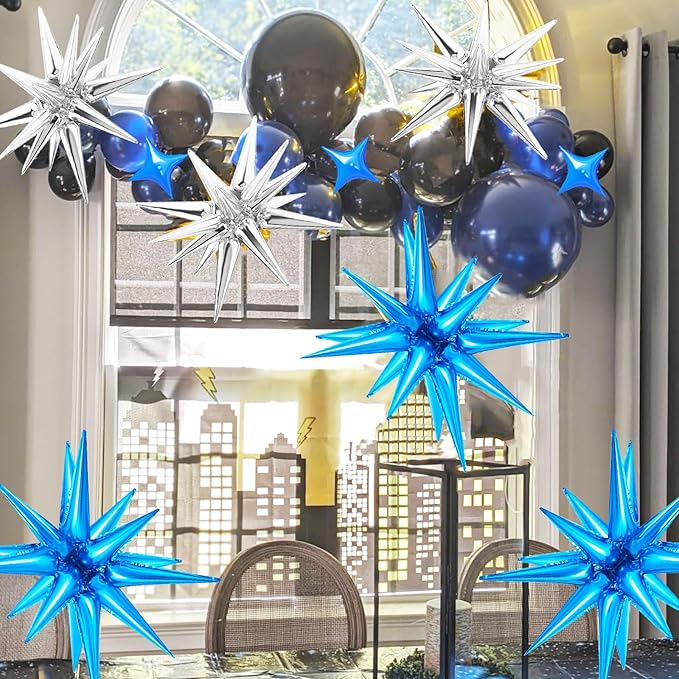 20 Pcs 27'22'Explosion Star Foil Balloons - 12 Point, Spike and Four Pointed Star Balloons for Party Supplies - Christmas, Birthday, Wedding & Photo Booth (Silver Blue)