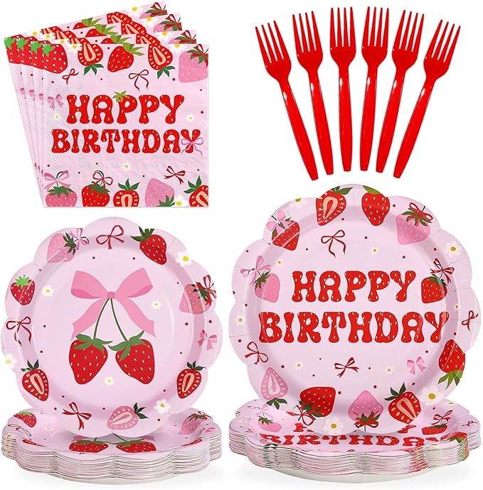 96 Pcs Pink Strawberry Birthday Party Decorations Scalloped Sweet Bow Berry Plate and Napkin Disposable Fruit Berry Tableware Set for Birthday Baby Shower Girls Party Supplies Serve 24
