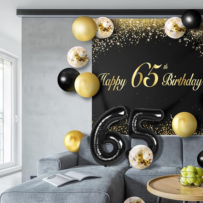 Happy 65th Birthday Balloons Black Set Decor - Cheers to 65 Years Old Party Theme Garland Banner Backdrop Decorations For Women and Men Supplies