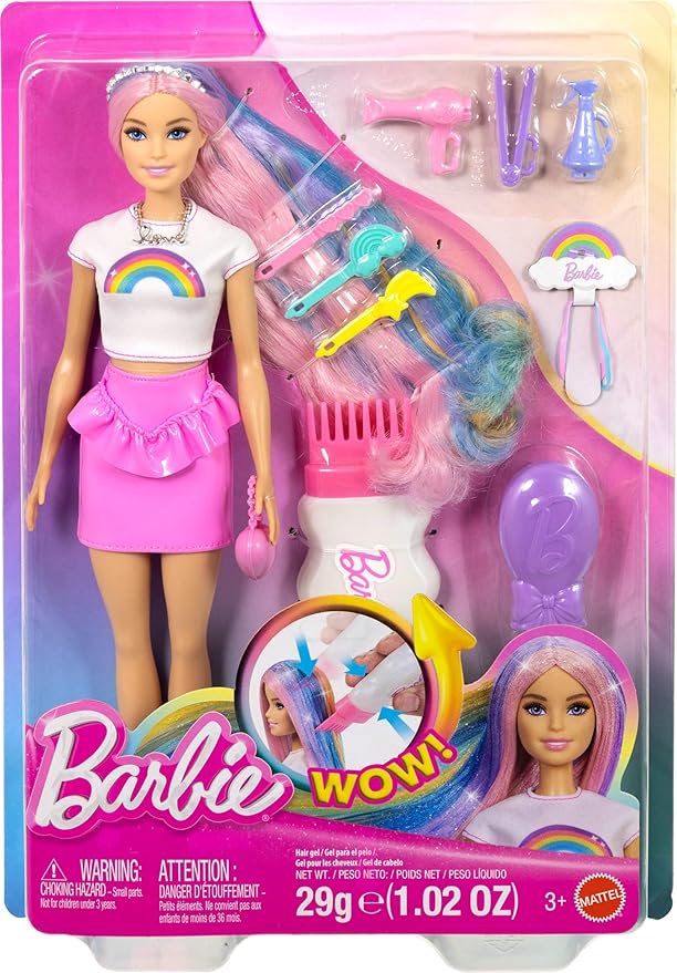 Barbie Rainbow Sparkle Hair Doll, Extra-Long and Colorful Hair with 12 Styling Accessories Like Glitter Tube, Brush, Clips, Dryer and More