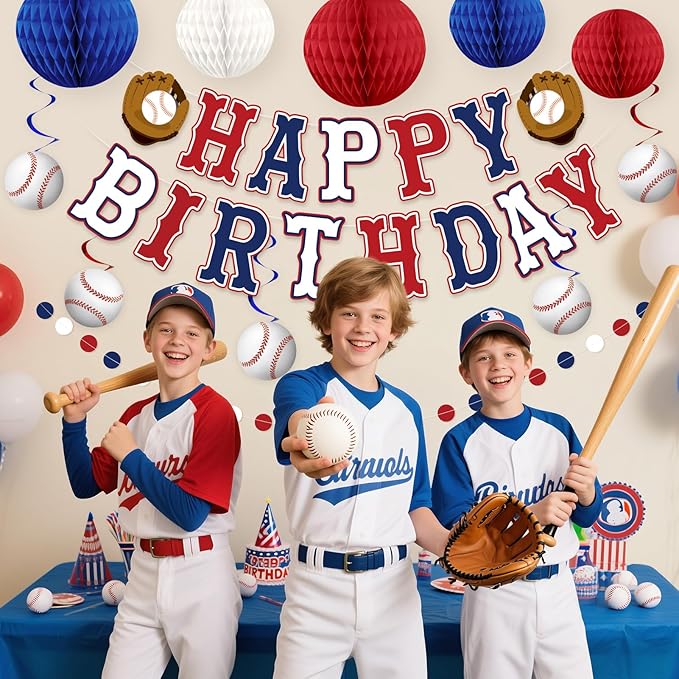 Baseball Birthday Decorations, Baseball Party Decorations Include Banner, Honeycomb Balls, Hanging Swirl Streamers, Circle Dots Garland for Baseball Sports Birthdays Party Supplies for Boys