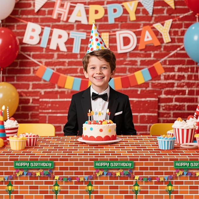 Funrous Red Brick Wall Street Party Decorations Cartoon Street Birthday Plastic Tablecloth 54 x 108 Inch Disposable Waterproof Rectangle Table Cover for Cartoon Friends Themed Birthday Party Supplies