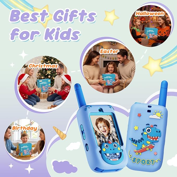 Video Walkie Talkies for Kids, Rechargeable 2 Pack Long Range Two Way Radios with 4 Voice Changer Effects, Toys for Boys Girls Ages 3-12, Outdoor Camping Birthday
