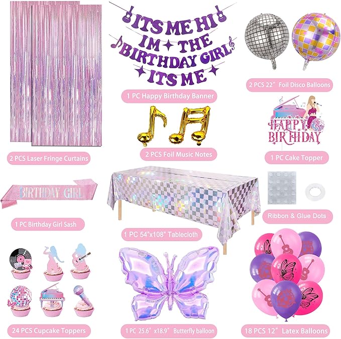 Pink Purple Music Theme Birthday Party Decorations, Its Me Hi Im The Birthday Girl Its Me Party Banner, Disco Cake Topper Sash Tablecloth for Girls Party Supplies