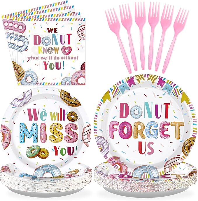 96PCS Farewell Retirement Party Supplies Colorful Donut Forget Us Plates and Napkins Disposable We Will Miss You Tableware Set for Coworker Going Away Retirement Party Decorations Serves 24