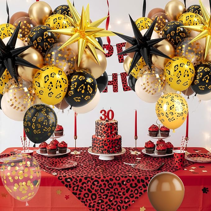 Cheetah Print Balloon, 12 Inch Black Brown Gold Balloons with Leopard Print Balloons Star Foil Balloons Leopard Jungle Animal Decorations for Cheetah Theme Birthday Cherry Vintage Party Supplies