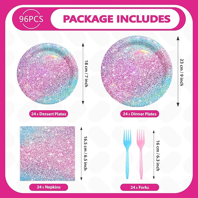 96Pcs Pastel Rainbow Party Decorations Iridescent Party Supplies 350GSM Holographic Print Rainbow Plates and Napkins Set for Baby Mermaid Birthday party Bachelorette Bridal Shower Wedding Serves 24