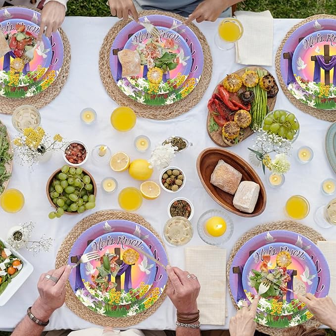 180Pcs Easter He is Risen Paper Plates and Napkins Set,Disposable Jesus Cross Lily Floral Easter Party Decorations for Religion Christ Party,Serve 60 Guests