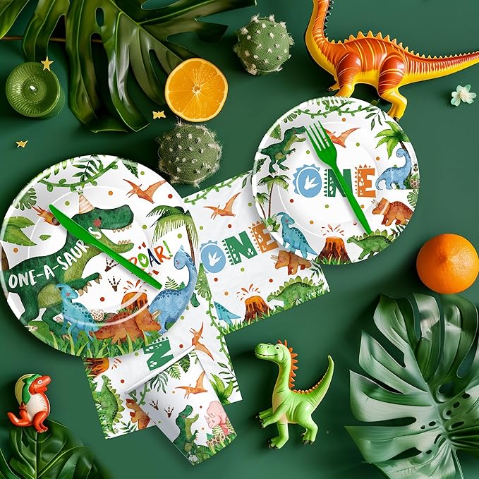 Dinosaur First Birthday Decorations Tableware - Dinosaur 1st Birthday Party Supplies For Boy, Paper Plate, Cup, Napkin, Fork, Dino Party Decorations, Serves 24