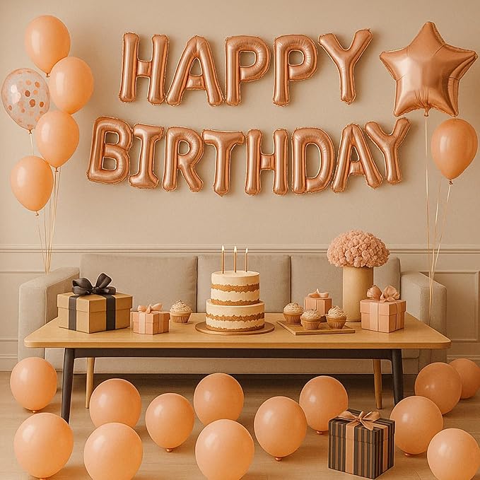 29PC Rose Gold Happy Birthday Balloon Banner, 16 Inch 3D Aluminum Letter Banner Sign, Pearl Rose Gold Metallic Balloons 18 Inch Star Heart Foil Balloons for Women, Men Party Decorations