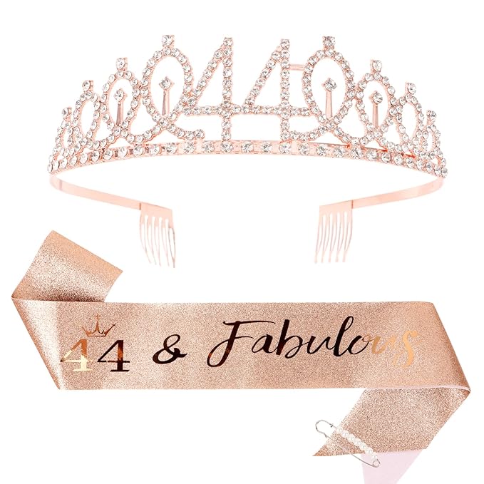 CIEHER 44th Birthday Crown & Sash Set + Pearl Pin, Fabulous 44 Birthday Tiara, Decorations & Gifts for Women