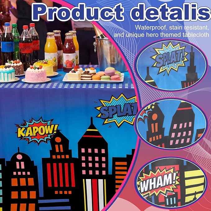 Oudain 6 ft Hero Theme Tablecloth Hero Party Decoration Cityscape Tablecloth 72 x 30 Inches Washable Fabric Polyester Rectangle Table Cover Birthday Party Supplies