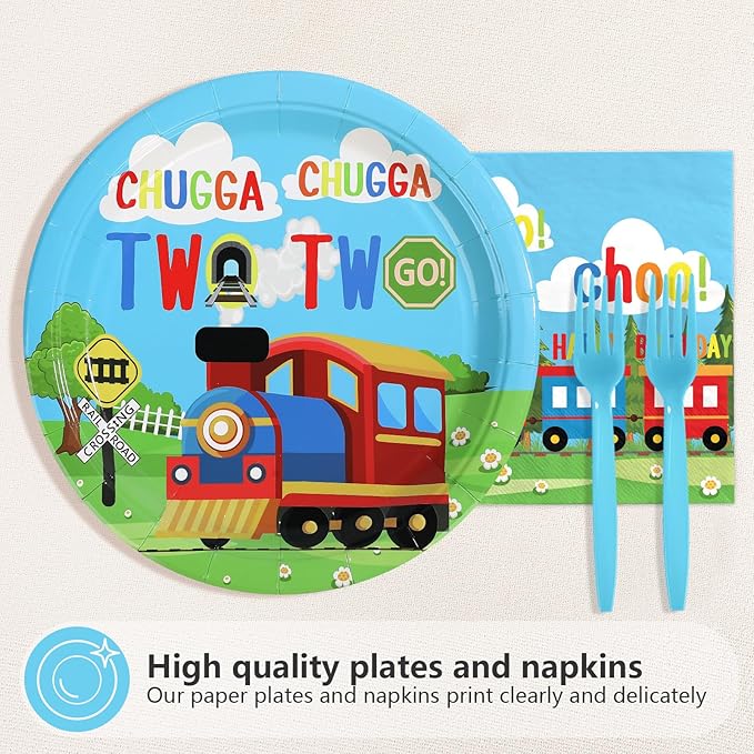 96 Pcs Train 2nd Birthday Party Decorations Chugga Chugga Two Two Plates and Napkins Disposable Railroad Transportation Tableware Set for Kids Train Theme 2 Year Old Birthday Party Supplies Serves 24