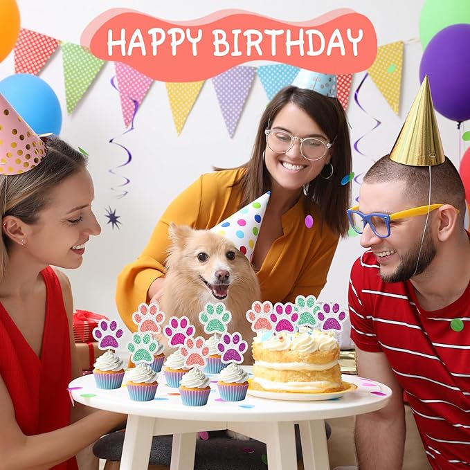 36 Pcs Paw Cupcake Toppers Glitter Dog Paw Cake Decorations 4 Colors Glitter Puppy Cupcake Toppers for Baby Shower Boys Girls Birthday Party Cake Supplies