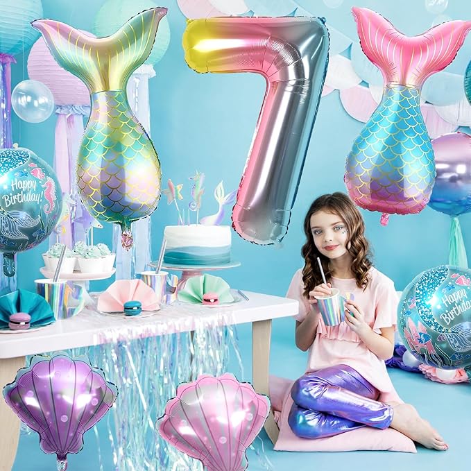 7th Mermaid Birthday Decorations,Pink Blue Balloons Kit Sea Balloon Tail Balloons for Girls Mermaid Party Baby Shower