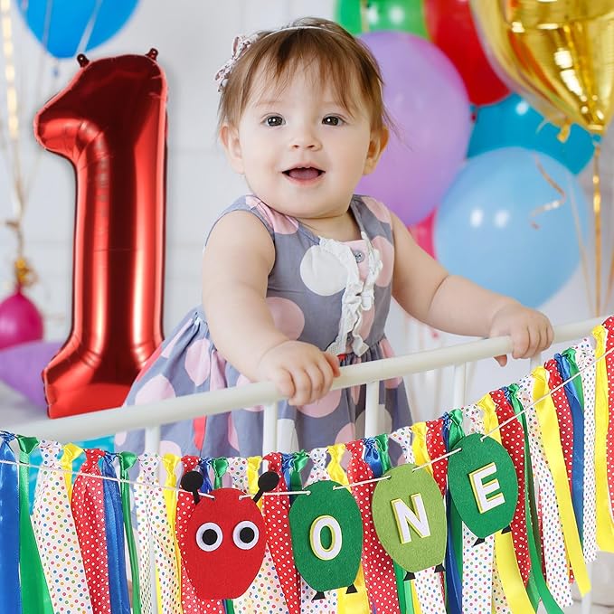Hungry Caterpillar Highchair Banner for Baby First Birthday Party Decorations Green One Caterpillar High Chair Tassel Garland for Boys Girls Fruit 1st Birthday Photo Props Backdrop Decors