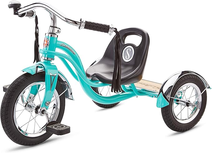 Schwinn Roadster Bike for Toddler, Kids Classic Tricycle, Low Positioned Steel Trike Frame with Bell and Handlebar Tassels, Rear Deck Made of Genuine Wood, for Boys and Girls Ages 2-4 Year Old, Teal