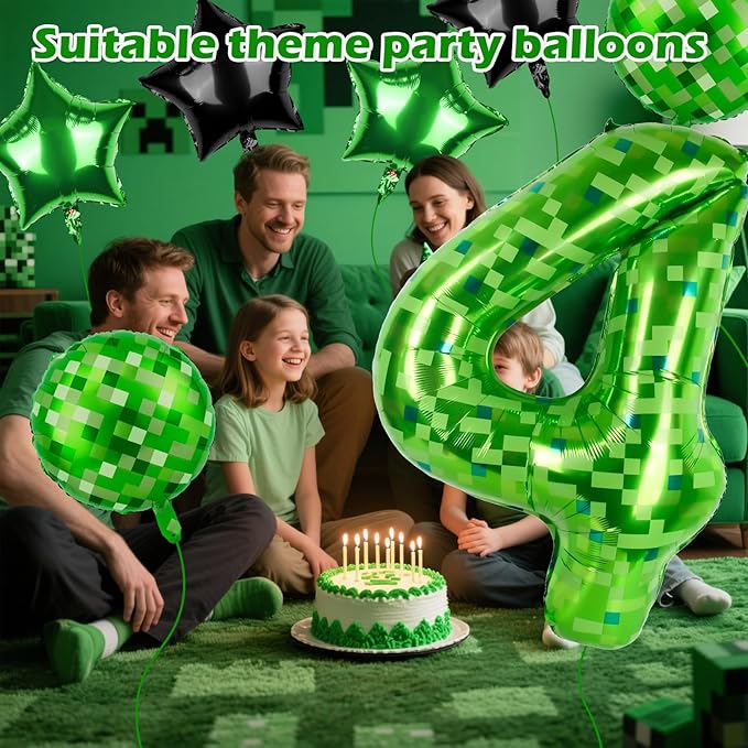 40 Inch Green Pixel Themed Number 4 Balloon Set Foil Balloon for Girls & Boys Birthday Party Decorations, Party Supplies & Favors (Number 4)