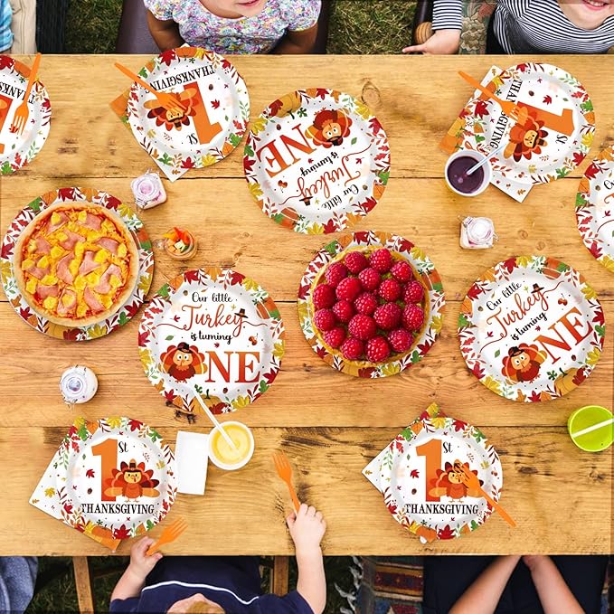 Grencian 96Pcs Thanksgiving 1st Birthday Decorations Our Little Turkey Is Turning One Plates and Napkins Fall 1st Birthday Tableware Set for Thanksgiving Turkey-Themed Baby Shower Party Supplies