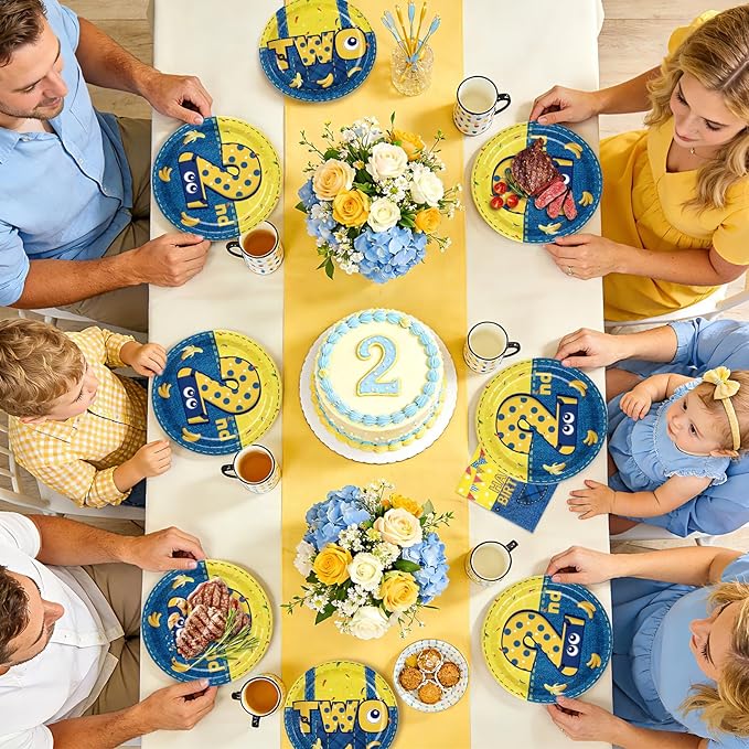 96 Pcs Yellow Cartoon 2nd Birthday Party Supplies Yellow Jeans Banana Plates and Napkins Disposable Big Eyes Cartoon Tableware Set for Boys Girls 2 Years Old Birthday Party Decorations Serves 24