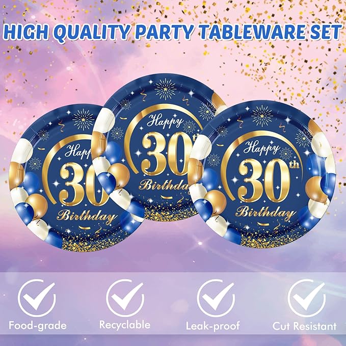 40PCS Happy 30th Birthday Decorations Navy Blue and Gold Thirty disposable tableware Include Plates Napkins for Man 30th Birthday Anniversary Party Supplies