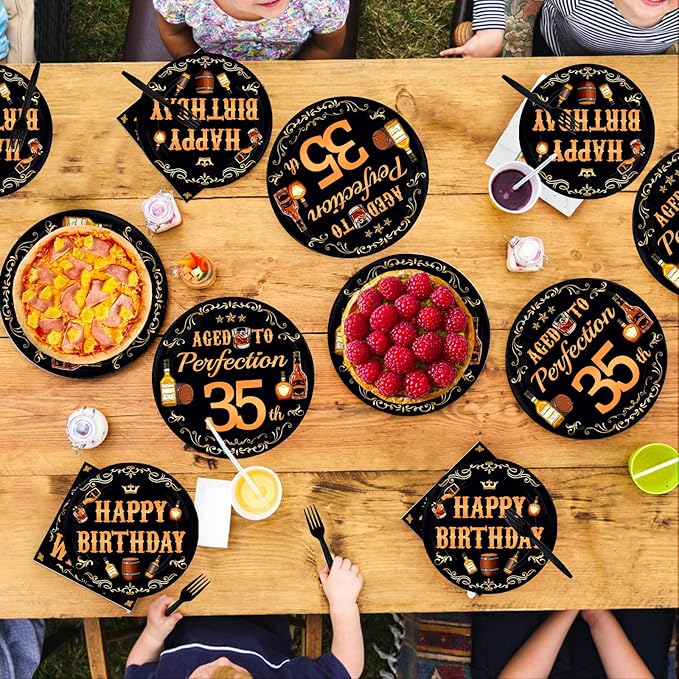 96 Pcs Whiskey 35th Birthday Party Supplies Aged To Perfection 35th Plates and Napkins Disposable Cheers and Whiskey Tableware Set for Men Vintage 35 Years Old Birthday Party Decorations Serves 24