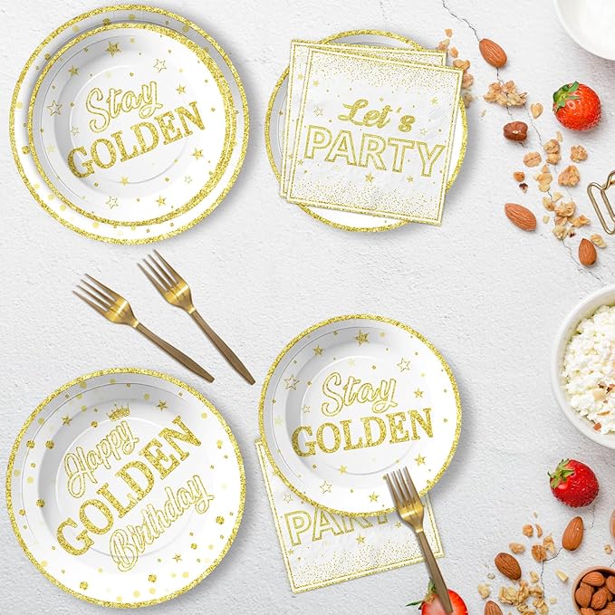 96Pcs Happy Golden Birthday Party Decorations White Gold Plates and Napkins Gold Glitter Disposable Paper Plates Tableware Set for Women Men Happy Birthday Baby Shower Party Supplies Serves 24