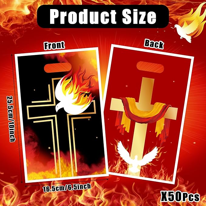 Pentecost Christian Party Favor Bags - 50Pcs Religious Christian Flame Cross Dove Goody Treat Bags, Jesus Holy Spirit Party Decoration for Pentecost Church Sunday School Liturgical Seasons