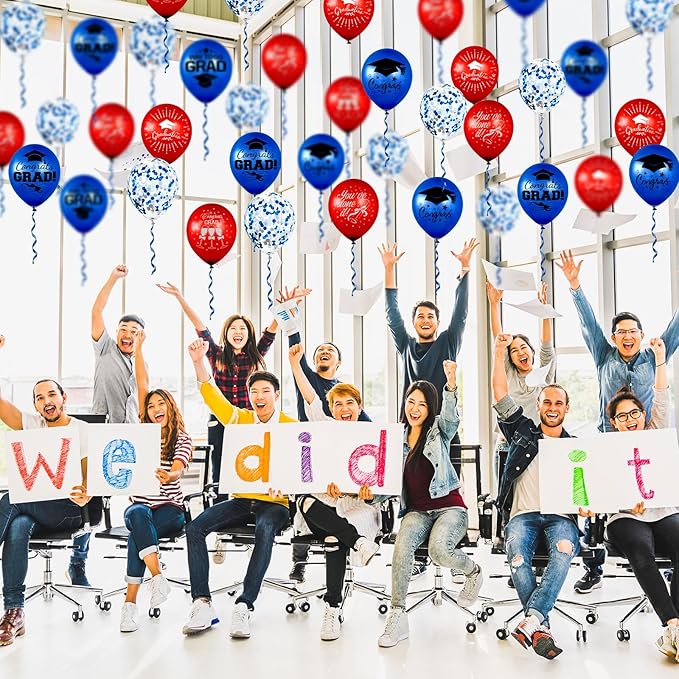 Whaline 60Pcs Graduation Party Balloon Set 7 Designs Confetti Latex Balloon with 2 Rolls Ribbon Class of 2025 Grad Cap Congrats Grad Balloon for Graduation Party Decoration Supplies (Blue, Red)