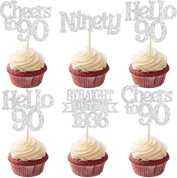Ephlyn 24Pcs Happy 90th Birthday Cupcake Toppers Glitter Straight Outta 1936 Cupcake Picks Hello 90 Cheers to 90 Years Birthday Cake Decorations for 90th Birthday Anniversary Party Supplies Silver