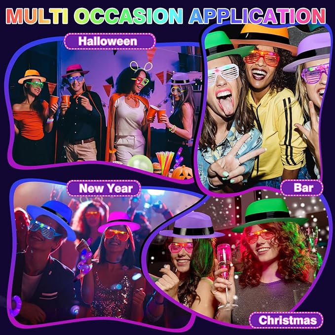 360PCS Glow in the Dark Party Supplies, Light Up Party Favors with Neon Hats, LED Glasses & Pop Tubes, Balloons, 200 Glow Sticks Light Up Accessories for Hora Loca Carnival 80's Neon Party Halloween
