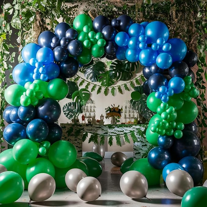 Blue and Green Balloon Garland Kit Dark Green Navy Blue Dark Blue Balloons Arch with Ribbon for Boy Girl Jungle Theme Party Birthday Baby Shower Wedding Graduation Anniversary Background Decorations