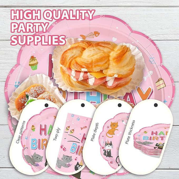 96Pcs Cat Birthday Party Supplies Cats Themed Plates and Napkins Pink Kitten Happy Birthday Tableware Set for Girls Pink Cat Baby Shower Party Supplies Serves 24